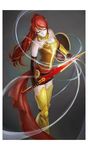  1girl breasts cleavage crossing elbow_gloves eyes_closed gloves ponytail pyrrha_nikos red_hair rwby shield spear thigh_boots 