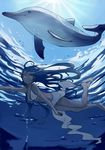  barefoot bikini blue_hair diving dolphin freediving holding_breath kamimura_aki long_hair ocean original sarong smile summer sunlight swimming swimsuit underwater 