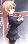  blonde_hair blue_eyes blue_skirt blue_sweater braid character_name cup darjeeling flag_background girls_und_panzer highres md5_mismatch miniskirt outsider_0 pantyhose pleated_skirt revision school_uniform short_hair skirt solo st._gloriana's_school_uniform sweater tea teacup union_jack 