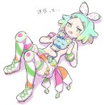  1girl animal animal_on_chest chuppe convenient_censoring fang full_body gradient_hair green_eyes green_hair hairband holding holding_animal idol_time_pripara knee_pads knees_up looking_at_viewer mouse multicolored_hair nijiiro_nino open_mouth pretty_series pripara roller_skates short_hair simple_background skates solo swept_bangs terayamaden topless triangle_hair_ornament white_background white_footwear white_hairband 