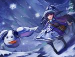  alternate_costume bag blue_eyes braid fur_trim handbag hat kaze_no_gyouja league_of_legends long_hair lulu_(league_of_legends) open_mouth pine_tree poro_(league_of_legends) purple_hair snowflakes tree wings winter winter_wonder_lulu 