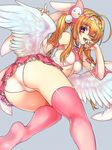  ;p angel_wings ass bare_shoulders beatmania beatmania_iidx cameltoe chronos_(beatmania) feathered_wings frilled_skirt frills from_behind highres kneepits legs long_hair low_wings no_shoes one_eye_closed open_mouth pink_legwear sasaki_shou side_ponytail skirt solo thighhighs thighs tongue tongue_out wings 