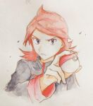  1boy absurdres asuka_rkgk closed_mouth cowlick frown grey_jacket hand_up highres holding holding_poke_ball jacket long_hair long_sleeves looking_at_viewer male_focus poke_ball poke_ball_(basic) pokemon pokemon_hgss red_hair silver_(pokemon) solo traditional_media upper_body 