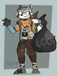 anthro bandanna clothed clothing digital_media_(artwork) english_text epic_games fortnite fur gesture grin grinning_at_viewer hand_gesture hi_res holding_object kerchief looking_at_viewer male mammal procyonid raccoon rufus_(fortnite) smile solo text trash trash7129