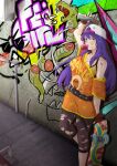  1girl arm_up backwards_hat baseball_cap black_pants bubble_blowing commentary fire_emblem fire_emblem:_radiant_dawn graffiti green_eyes hat highres holding leggings long_hair looking_at_viewer mia_(fire_emblem) off_shoulder orange_shirt pants purple_hair shirt short_sleeves single_bare_shoulder skateboard solo spray_can very_long_hair vialnite white_headwear 