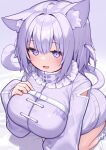  1girl animal_ears breasts cat_ears cat_girl cat_tail clothes_writing commentary_request deaver gradient_background highres hololive jacket large_breasts long_sleeves looking_at_viewer nekomata_okayu nekomata_okayu_(7th_costume) purple_background purple_eyes purple_hair purple_jacket short_hair solo tail virtual_youtuber 