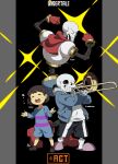  1other 2boys =_= absurdres androgynous black_background black_sclera black_shorts blue_jacket brothers brown_footwear brown_hair cape cel_shading child closed_eyes colored_sclera commentary copyright_name facing_viewer flexing frisk_(undertale) full_body gameplay_mechanics gloves grey_background grin highres holding holding_instrument hood hood_down hooded_jacket instrument jacket kamezaemon legs_apart multiple_boys music one_eye_closed open_clothes open_jacket open_mouth papyrus_(undertale) pink_footwear playing_instrument red_cape red_footwear red_gloves romper sans shirt shoes short_hair shorts siblings skeleton slippers smile socks sparkle standing sweatdrop talking trombone two-tone_background undertale white_shirt white_socks 