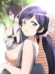  1girl aqua_eyes bag breasts cellphone commentary_request expressionless flip_phone highres holding holding_phone large_breasts long_hair looking_at_phone looking_at_viewer love_live! love_live!_school_idol_project low_twintails multiple_views nipples nude outdoors phone public_indecency public_nudity purple_hair sakura_chiru._7-gou school_bag scrunchie sideboob sweat toujou_nozomi translation_request twintails upper_body white_scrunchie zenra 