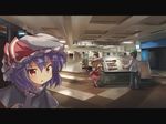  2girls :o bat_wings beer_can black_hair blonde_hair can ceiling commentary flandre_scarlet flat_cap from_behind hat hat_ribbon indoors lavender_hair letterboxed long_sleeves looking_at_viewer looking_back mall map mcdonald's mob_cap multiple_girls pants pointing real_world_location red_eyes remilia_scarlet ribbon ryogo short_hair short_sleeves sign skirt skirt_set stairs tile_floor tiles touhou upper_body wings zun 