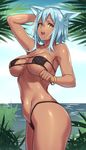  animal_ears arm_behind_head arm_up bikini black_bikini bracelet breasts cleavage collarbone dark_skin eyepatch_bikini houtengeki jewelry large_breasts looking_at_viewer micro_bikini navel open_mouth original palm_tree pose shiny shiny_skin silver_hair solo strap_gap swimsuit tan tree underboob yellow_eyes 