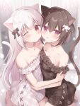  2girls :p ;o animal_ears bare_shoulders black_bow blush bow breasts brown_dress brown_hair cat_day cat_ears cat_girl cat_tail cleavage collarbone commentary_request dress frilled_dress frills hair_between_eyes hair_bow highres looking_at_viewer miyasaka_naco multiple_girls off-shoulder_dress off_shoulder one_eye_closed original parted_lips plaid plaid_dress purple_eyes red_eyes small_breasts tail tongue tongue_out white_bow white_dress white_hair 