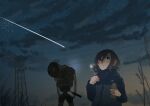  1girl black_hair blue_jacket blush breath camera closed_mouth cloud commentary_request grass hair_between_eyes inami_hatoko jacket long_sleeves night night_sky original outdoors power_lines purple_eyes shooting_star sidelocks sky solo steam thermos transmission_tower tripod 