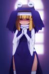  1girl adapted_costume blonde_hair brown_headwear closed_mouth covered_navel cowboy_shot dress gloves hat looking_at_viewer medium_hair moriya_suwako purple_dress shaded_face shirosato shirt solo thighhighs touhou white_gloves white_shirt white_thighhighs wide_sleeves 