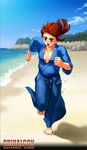  barefoot beach blue_hakama blush breasts breasts_apart day hakama japanese_clothes kendo kimono no_bra open_mouth original red_hair running sand semine small_breasts solo sweat training 