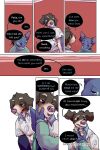 bastriw brown_eyes canid canine canis clothing comic dialogue domestic_cat domestic_dog felid feline felis fernando_(bastriw) hi_res male mammal pato_(bastriw) purple_eyes text