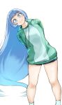  1girl absurdres arms_behind_back blue_eyes blue_hair blue_shorts boku_no_hero_academia closed_mouth fengling_(furin-jp) green_hoodie hadou_nejire highres hood hoodie long_hair looking_at_viewer short_shorts shorts simple_background smile solo white_background 
