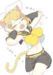  1girl animal_ears belt blonde_hair blush bow cat_ears cat_girl cat_tail closed_eyes covering_own_ears crop_top detached_sleeves fang hair_bow hair_ornament hairclip hands_up highres kagamine_rin midriff navel neckerchief noa_(retsuhim6927) open_mouth sailor_collar shirt short_hair shorts skin_fang sleeveless sleeveless_shirt solo tail translation_request vocaloid 