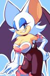 absurd_res anthro armwear bat boots breasts cleavage clothed clothing elbow_gloves fangs female footwear gloves hand_on_hip handwear hi_res legwear looking_at_viewer mammal nanobutts rouge_the_bat sega solo sonic_the_hedgehog_(series) sparkles teeth thigh_boots thigh_highs toothy_grin wings