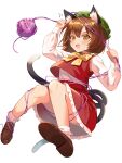  1girl :d ^^^ animal_ear_fluff animal_ears blush bobby_socks bow brown_eyes brown_footwear brown_hair cat_ears cat_girl cat_tail chen commentary_request convenient_leg entangled frilled_skirt frills full_body highres kirisita loafers long_sleeves looking_at_viewer multiple_tails open_mouth red_skirt red_vest shirt shoes short_hair skirt smile socks solo sweatdrop tail touhou two_tails vest white_background white_shirt white_socks yarn yarn_ball yellow_bow 
