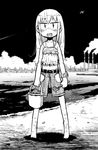  aircraft airplane barefoot blurry depth_of_field full_body goggles greyscale hade_na_kangofu highres long_hair looking_at_viewer monochrome open_mouth sky smoke smokestack solo standing watch wristwatch 