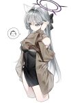  1girl absurdres adjusting_hair animal_ears black_bow black_dress black_halo blue_archive bow broken_halo brown_jacket cosplay dress grey_eyes grey_hair hair_bow halo hashtag_only_commentary highres jacket kayoko_(blue_archive) kayoko_(blue_archive)_(cosplay) kayoko_(dress)_(blue_archive) long_hair mismatched_pupils open_clothes open_jacket shiroko_(blue_archive) shiroko_terror_(blue_archive) simple_background solo sugar_(dndi888) white_background wolf_ears wolf_girl 