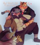 anthro belly blush body_hair canid canine canis chest_hair clothed clothing digital_media_(artwork) embarrassed english_text epic_games felid flirting fortnite fur gesture grabbing_stomach group hand_gesture hand_on_shoulder happy_trail hi_res male mammal oscar_(fortnite) pantherine pouting procyonid raccoon rufus_(fortnite) shirtless text tiger trio unknown_artist wendell_(fortnite) wolf