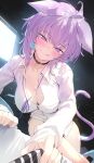 1girl :q ahoge animal_ear_fluff animal_ears blush breasts cat_ears cat_girl cat_tail choker cleavage collarbone highres hololive kakage large_breasts licking_lips long_sleeves looking_at_viewer nekomata_okayu purple_eyes purple_hair shirt short_hair smile solo tail thighs tongue tongue_out virtual_youtuber white_shirt 