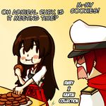  akagi_(kantai_collection) brown_hair cape cookie cosplay crossover eating english female_admiral_(kantai_collection) female_admiral_(kantai_collection)_(cosplay) food hat japanese_clothes kantai_collection long_hair military military_uniform multiple_girls naval_uniform red_hair ruby_rose rukotaro rwby short_hair uniform 