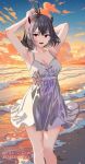  1girl antenna_hair arms_up beach black_clover black_hair blue_sky breasts cleavage cloud dated demon_horns evening f3968837 highres horns medium_breasts nightgown ocean outdoors red_eyes red_horns sand secre_swallowtail sky solo water white_nightgown 