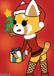  2018 ailurid blush butt christmas clothing female fur gift gift_wrapped hat holidays looking_back mammal nervous pussy red_panda santa_hat simple_background snack2 solo tree 