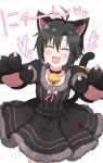  1girl :3 :d animal_ears animal_hands antenna_hair bell black_dress black_hair blush bow breasts cat_day cat_ears cat_symbol closed_mouth collar commentary cowboy_shot dress dress_bow facing_viewer fangs fur-trimmed_dress fur_trim gloves hair_between_eyes heart idolmaster idolmaster_(classic) jingle_bell kemonomimi_mode kikuchi_makoto neck_bell open_mouth paw_gloves pink_bow puffy_sleeves raised_eyebrows reaching reaching_towards_viewer red_collar short_hair sidelocks simple_background small_breasts smile solo sponge_pompom translated white_background 