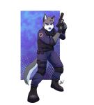 animal_humanoid badge blue_hair blue_nose boots brown_eyes canid canid_humanoid canine canine_humanoid canis clothing codyf0xx drezy facial_hair fingerless_gloves footwear fur gloves grey_body grey_fur gun hair handwear hi_res humanoid male mammal mammal_humanoid number_on_clothing plantigrade police_uniform ranged_weapon shaded simple_background simple_shading topwear uniform vest weapon white_body white_fur wolf wolf_humanoid