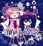  2girls absurdres ashley_(warioware) black_hair blush character_name closed_eyes coat food hair_ornament highres long_hair looking_at_viewer mona_(warioware) multiple_girls offbeat open_clothes open_coat open_mouth orange_hair pizza pizza_slice twintails warioware white_coat 