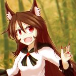  1girl animal_ears bamboo bamboo_forest blurry blurry_background brooch brown_hair fake_animal_ears fangs fingernails forest highres imaizumi_kagerou jewelry long_hair long_sleeves miitan_(kazamiita) nature open_mouth puffy_long_sleeves puffy_sleeves red_eyes red_nails sharp_fingernails smile solo touhou upper_body wolf_ears wolf_girl 