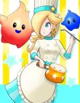  1girl a3_k306021 apron blonde_hair blue_eyes chef_hat cooking_pot earrings eyelashes hair_over_one_eye hat highres holding holding_cooking_pot holding_ladle hungry_luma_(super_mario_galaxy) jewelry ladle long_bangs long_hair looking_at_another luma_(mario) mario_(series) mario_kart mario_kart_tour official_alternate_costume parted_lips purple_nails rosalina rosalina_(chef) sleeves_past_elbows star_(symbol) star_earrings white_apron white_headwear 