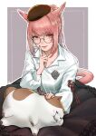  1girl absurdres animal_ears cam_(cammero95713700) cat_ears cat_tail facial_mark fat_cat_(ff14) final_fantasy final_fantasy_xiv glasses hat highres long_hair looking_at_viewer miqo&#039;te pink_eyes pink_hair ponytail round_eyewear sitting slit_pupils solo tail warrior_of_light_(ff14) whisker_markings 