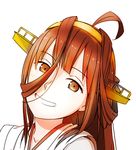  ahoge bad_id bad_twitter_id brown_hair grin hairband kantai_collection kinosuke_(sositeimanoga) kongou_(kantai_collection) long_hair remodel_(kantai_collection) revision smile solo upper_body yellow_hairband 