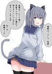  1girl :3 animal_ears aqua_eyes cat_ears cat_tail fake_animal_ears highres jitome kuromiya_sakana medium_hair original panties panty_peek school_uniform solo tail thighhighs translated underwear white_background 