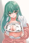  1girl animal_print bra breasts cardigan cat_lingerie cleavage cleavage_cutout clothing_cutout collared_shirt cow_cutout cow_print dress_shirt frilled_bra frills green_eyes green_hair hair_ornament hairclip highres kantai_collection kasashi_(kasasi008) large_breasts long_hair looking_at_viewer meme_attire navel open_cardigan open_clothes open_shirt shirt solo suzuya_(kancolle) underwear upper_body white_cardigan white_shirt 