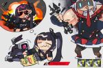  2girls alternate_muscle_size architect_(girls&#039;_frontline) breasts chesed_(uporyz) chibi chips_(food) cleavage closed_mouth collared_shirt commentary_request crushing dinergate_(girls&#039;_frontline) eating explosion food full_body girls&#039;_frontline gun halo highres holding holding_food holding_gun holding_weapon imagining lying mp5_(girls&#039;_frontline) multiple_girls multiple_views muscular necktie non-humanoid_robot on_side open_mouth pantyhose potato_chips red_necktie robot scared shirt sunglasses sweat thought_bubble v weapon white_shirt 