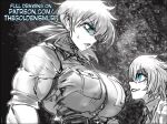  1boy 1girl animal_ears blonde_hair blue_eyes breasts cat_boy cat_ears confused greyscale hellsing large_breasts looking_at_another looking_down looking_up monochrome muscular muscular_female schroedinger_(hellsing) seras_victoria size_difference smile tight_clothes uniform 