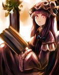  bad_id bad_pixiv_id book bow breasts capelet chair commentary_request crescent dress hair_bow hat hat_ornament highres jan_(lightdragoon) long_hair long_sleeves looking_at_viewer looking_to_the_side medium_breasts mob_cap open_book parted_lips patchouli_knowledge plant potted_plant purple_dress purple_hair red_eyes ribbon sitting solo sunlight touhou window 