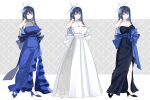  1girl absurdres alternate_costume black_dress blue_archive blue_dress blue_eyes blue_hair blue_halo dress full_body halo highres multiple_views saori_(blue_archive) simple_background translation_request white_background white_dress yunamaro 