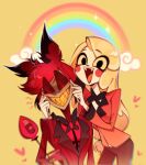  1boy 1girl alastor_(hazbin_hotel) black_eyes blonde_hair charlie_morningstar colored_sclera commentary_request fleshbd99 formal grin hands_on_another&#039;s_cheeks hands_on_another&#039;s_face hazbin_hotel highres long_hair monocle open_mouth rainbow red_eyes red_hair red_sclera sharp_teeth short_hair smile suit teeth yellow_background yellow_sclera yellow_teeth 