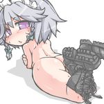  alternate_eye_color ass back black_footwear blush boots bow braid chibi crossed_ankles crossed_arms grey_hair hair_bow izayoi_sakuya kureha_mitsushige looking_at_viewer looking_back lying maid_headdress nude on_stomach open_mouth purple_eyes short_hair solo sweat thighs touhou twin_braids 
