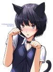  1girl :&lt; amagami animal_ears artist_name black_collar black_hair black_sweater_vest blush breasts brown_eyes cat_day cat_ears cat_tail close-up collar collared_shirt dated dress_shirt hair_between_eyes highres kemonomimi_mode light_blush looking_at_viewer medium_breasts mitojyaneeeeyo nanasaki_ai nose_blush parted_lips paw_pose portrait raised_eyebrows shirt short_hair simple_background solo sweater_vest tail twitter_username upper_body white_background white_shirt 
