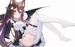  1girl animal_ear_fluff animal_ears asymmetrical_legwear bat_wings black_wings brown_hair commission dress film_grain fox_ears hair_between_eyes hair_ornament heart heart_in_eye highres indie_virtual_youtuber long_hair long_sleeves multicolored_hair nubchann pantyhose parted_lips purple_eyes purple_hair reiko_lape short_dress simple_background single_leg_pantyhose single_thighhigh solo symbol_in_eye thighhighs twitter_username two-tone_hair uneven_legwear very_long_hair virtual_youtuber white_background white_pantyhose white_thighhighs wings 