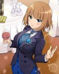  1girl alcohol artist_request blue_eyes blush brave_witches breasts brown_hair cup drinking_glass gundula_rall holding holding_cup indoors large_breasts looking_at_viewer non-web_source official_art open_mouth short_hair smile solo suit upper_body wine wine_glass world_witches_series 