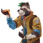 anthro canid canine clothed clothing digital_media_(artwork) eating epic_games food fortnite fortnite:_battle_royale fur hi_res male mammal pizza procyonid raccoon rufus_(fortnite) simple_background snow.hound solo
