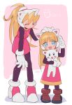  2girls alouette_(mega_man) animal_ears black_bodysuit blonde_hair blush_stickers bodysuit bodysuit_under_clothes cat_ears ciel_(mega_man) closed_eyes commentary_request dated dress fake_animal_ears high_ponytail highres holding holding_stuffed_toy long_hair mega_man_(series) mega_man_zero_(series) multiple_girls pink_dress sleeveless sleeveless_dress stuffed_toy vani_(hisha_04) 